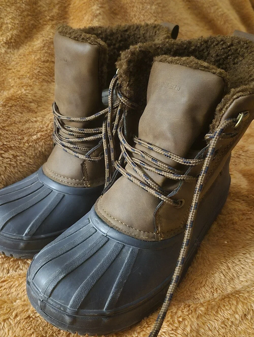 Lands End Big Boys Size 4 Brown Waterproof Duck Boots with Faux Fur Lining